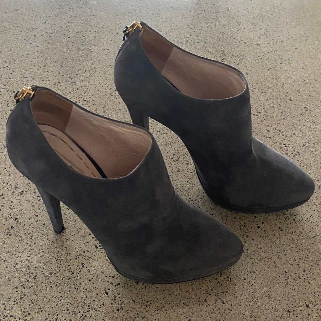 Miu Miu "Camoscio 1" Grey/Anthracite Suede Ankle Boot Heels (Size 39.5 Eu)